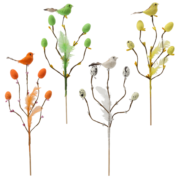 DECORAȚIUNE DE PAȘTE PE NINGE - RAMURĂ CU PISICĂ ȘI OUĂ 24 CM MIX 4 CULORI *9571