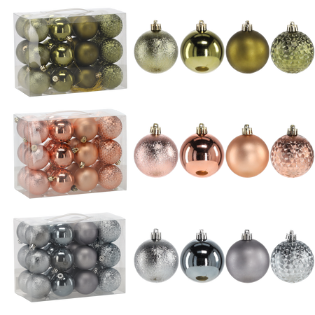 SET OF 24 BAUBLES 6 CM OLIVE/COPPER/GRAPHITE MIX DESIGNS