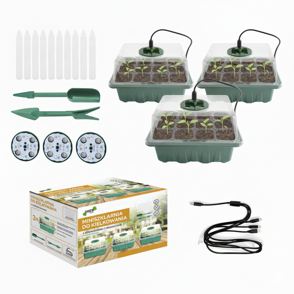 KPL. 3 TACEK 12 KOMÓREK MINISZKLARNIA DO KIEŁKOWANIA Z AKCESORIAMI LED