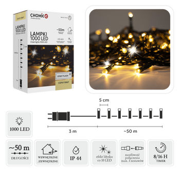 LED SVÍTILKY 1000L TEPLÁ BÍLÁ + STUDENÝ BLESK, DÉLKA 3 + 50 M VNITŘNÍ/VENKOVNÍ *9645