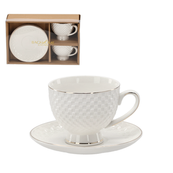 SET OF 2 EMBOSSED CUPS WITH SAUCERS 250 ML WITH GOLDEN DECORATIVE STRIPE