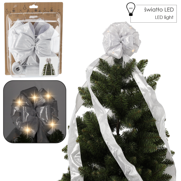 TREE TOPPER BOW WITH LED SILVER 1,83 M