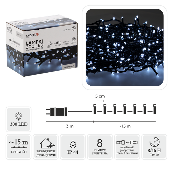 LAMPKI LED 300L ZIMNY BIAŁY DŁ. 3 + 15 M WEWN/ZEWN *9515
