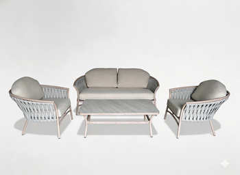 ZESTAW MEBLI ALUMINIOWYCH "VALLETTA" (SOFA + 2 FOTELE + STOLIK) BEŻOWY + SZARE PODUSZKI