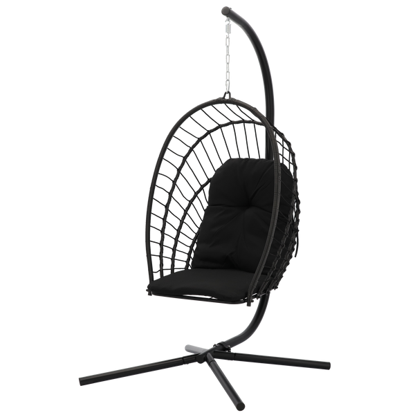 ERIS BLACK HANGING FOLDABLE CHAIR, PILLOW - BLACK, FRAME - BLACK