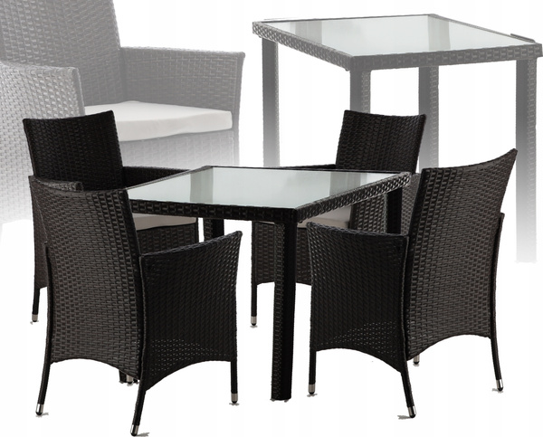 RATTAN FURNITURE SET (TABLE + 4 CHAIRS) BROWN + BEIGE PILLOWS