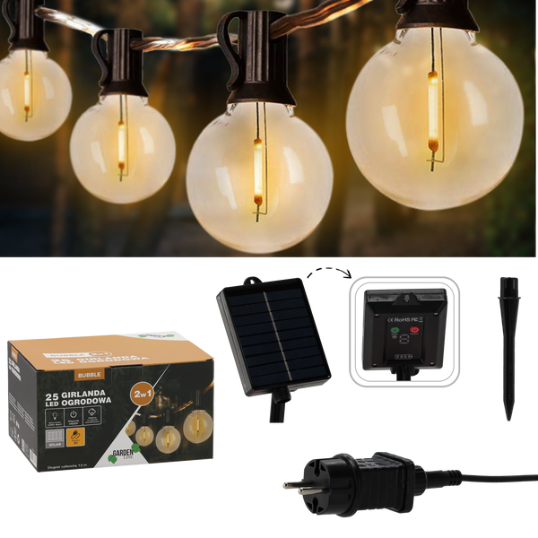 GIRLANDA OGRODOWA 2w1 (SOLAR / 3 V)  DŁ. 7,5 M BUBBLE 25 LED CIEPŁY BIAŁY Z UCHWYTAMI *1304