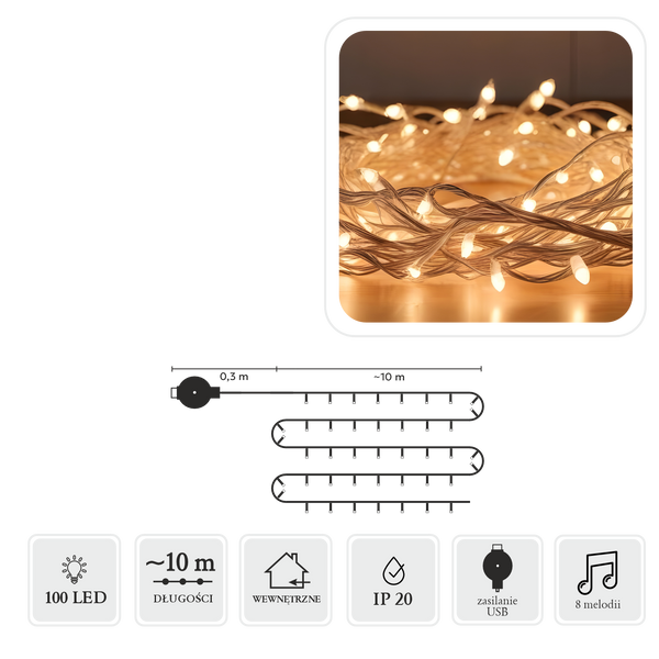 LAMPKI LED Z MELODIĄ USB 100L MULTIKOLOR, DŁ. 0,3 + 10 M *8516