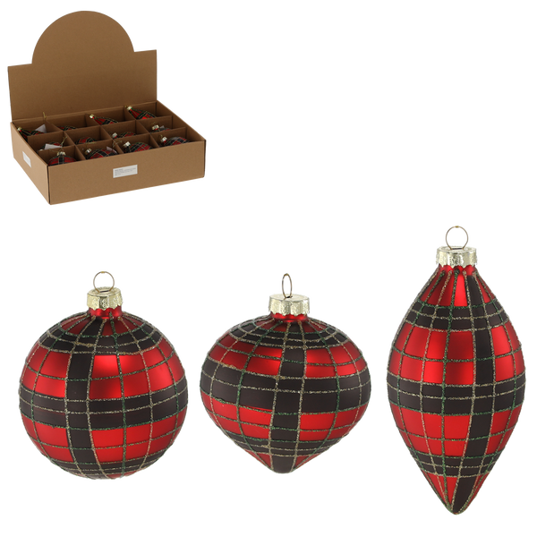 GLASS ORNAMENT - RED BLACK CHECKERED MIXED PATTERNS