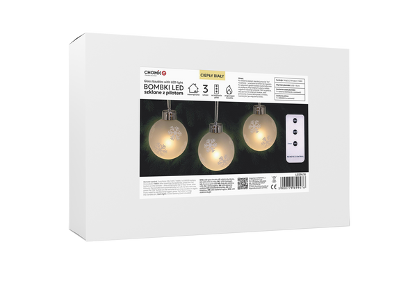 KPL. 3 BOMBEK SZKLANYCH LED ZE ŚNIEŻYNKAMI Z PILOTEM 8 X 10 CM *9476