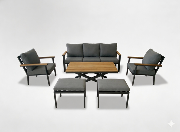 ZESTAW MEBLI OGRODOWYCH ALUMINIOWYCH TEAKOWYCH (SOFA + 2 FOTELE + STÓŁ + 2 TABORETY) ANTRACYT + SZARE PODUSZKI