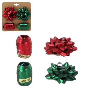 GIFT WRAP SET - GREEN / RED (2 RIBBONS + 2 BOWS) pack=24pcs. *7663
