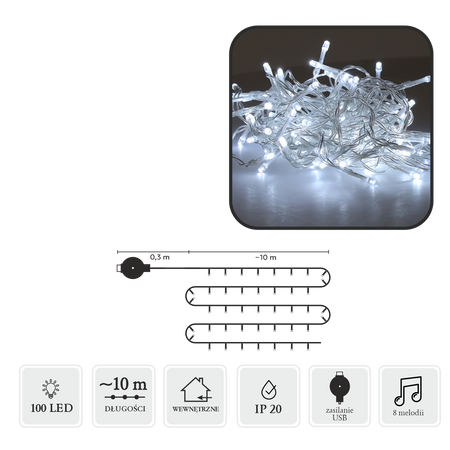 LAMPKI LED Z MELODIĄ USB 100L ZIMNY BIAŁY, DŁ. 0,3 + 10 M *8509