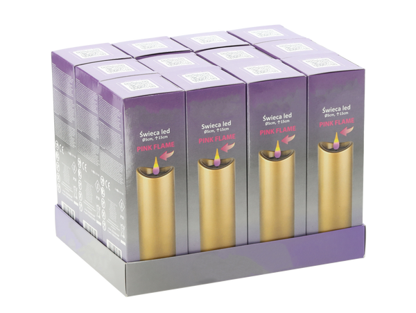 LED CANDLE 5CMX15CM WITH BATTERIES GOLD PINK FLAME*9655