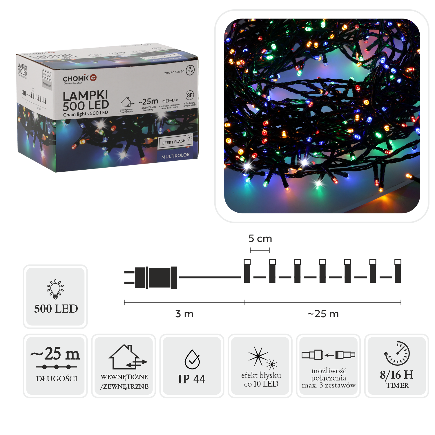 LAMPKI LED 500L MULTIKOLOR + ZIMNY FLASH, DŁ. 3 + 25 M WEWN/ZEWN *9614