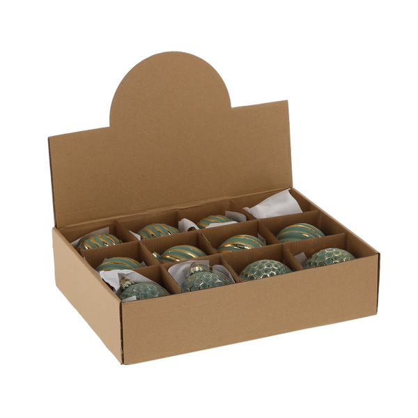 GLASS BAUBLE 8 CM GREEN DECORATED MIX DESIGNS