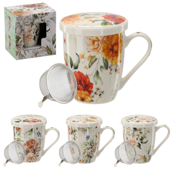 KUBEK PORCELANOWY Z ZAPARZACZEM I POKRYWKĄ 340 ML MIX KWIATOWYCH WZORÓW *1872