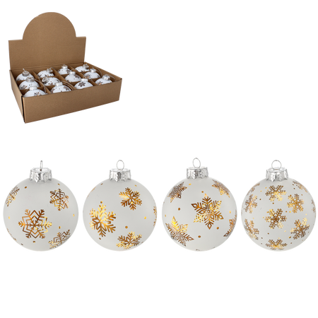 GLASS ORNAMENT - WHITE 8 CM GOLDEN SNOWBALL MIXED PATTERNS
