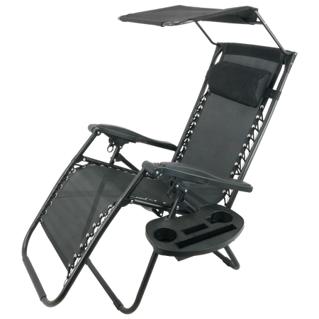 FOLDING GARDEN LOUNGER WITH STAND, POCKET, CANOPY AND HEADREST BLACK *9962