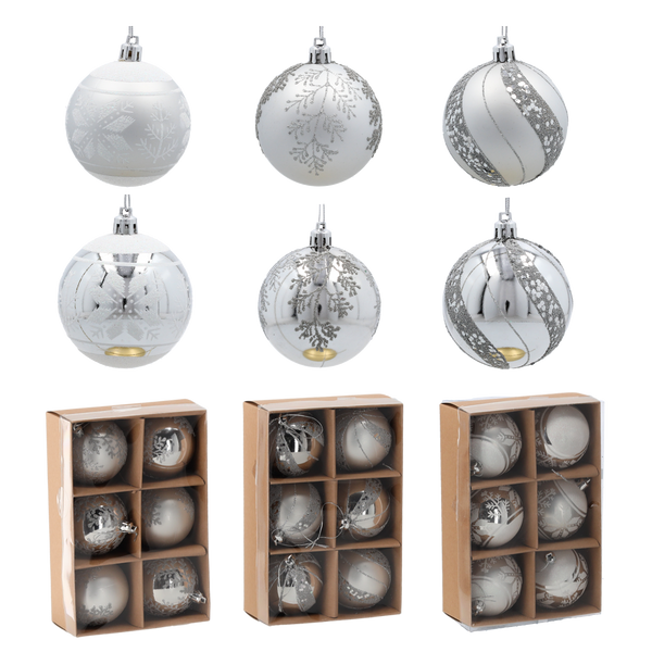 SET OF 6 CHRISTMAS BAUBLES SILVER 7 CM
