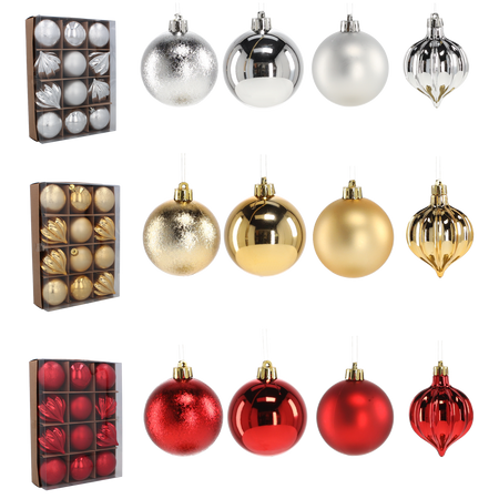 SET OF 12 BAUBLES 6 CM RED/GOLD/SILVER
