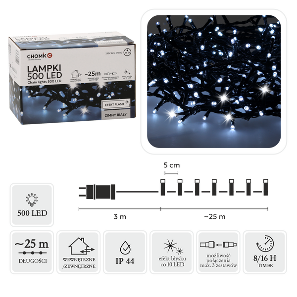 LUMINI LED 500L ALB RECE + FLASH RECE, LUNGIME 3 + 25 M ÎN/DES