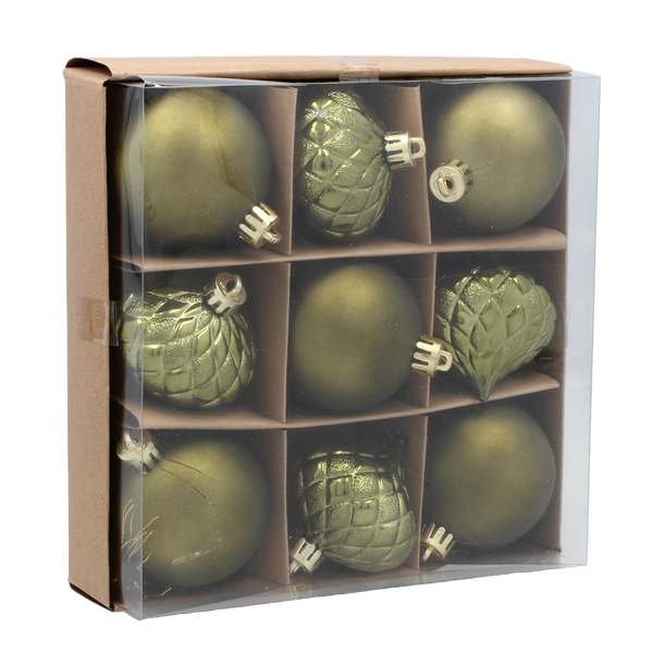 SET OF 9 BAUBLES 6 CM OLIVE/COPPER/GRAPHITE MIX DESIGNS