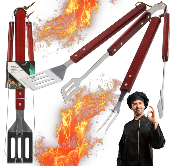 SET DE 3 ACCESORII PENTRU GRĂTAR CU MÂNER DIN FAINA: LOPATĂ / CLESTE / FOARFECE *0940