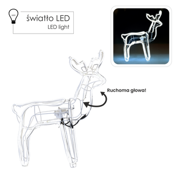 ŚWIĄTECZNY RENIFER Z RUCHOMĄ GŁOWĄ NEON LED 64 x 22 x 70 CM ZIMNY BIAŁY WEWN/ZEWN *8370