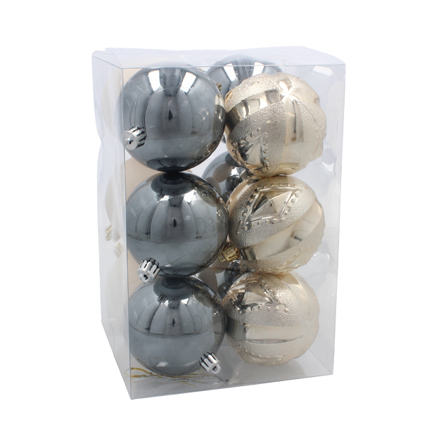 SET OF 12 ORNAMENTS 8 CM CHAMPAGNE/GRAY/WHITE
