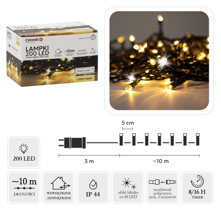 LED SVETLÁ 200L TEPLÁ BIELA + STUDENÝ FLASH, DĹ. 3 + 10 M VNÚT/EXTERIÉR *9478
