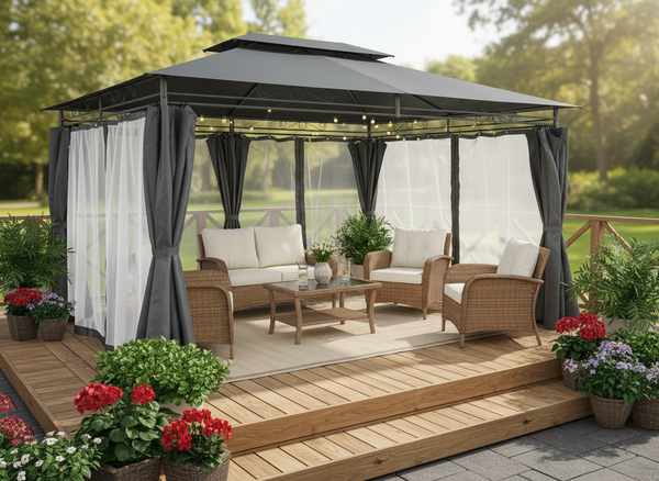 GARDEN GAZEBO WITH SIDE CURTAINS - DARK GREY 3 X 4M