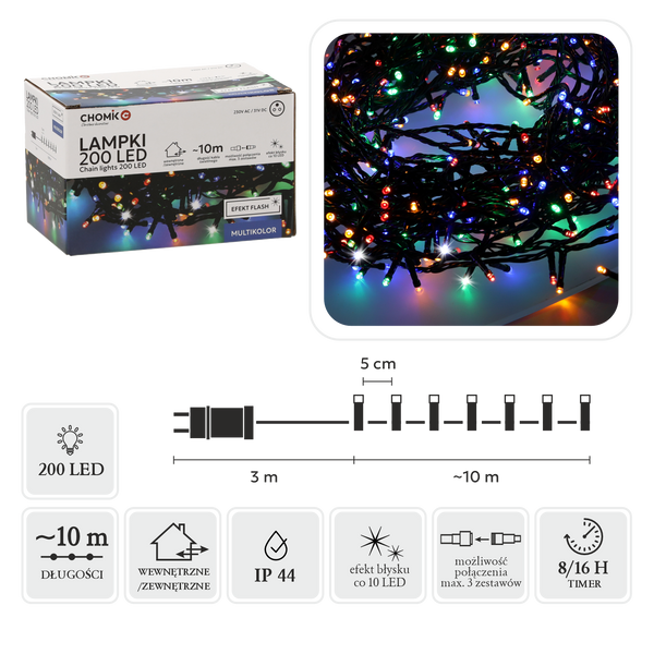 LAMPKI LED 200L MULTIKOLOR + ZIMNY FLASH, DŁ. 3 + 10 M WEWN/ZEWN *9492