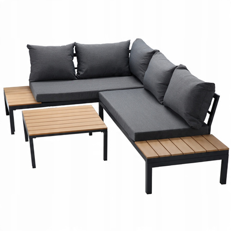 SADA HLINÍKOVÉHO NÁBYTKU (ROHOVÁ SOFA + STOLEK) ŠEDÁ + ŠEDÉ PODUŠKY *8137
