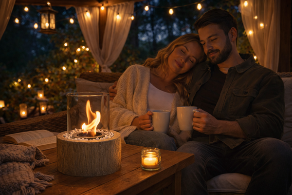 BIOKOMINEK STOŁOWY IMITACJA DREWNA Z BIAŁYMI KAMYCZKAMI 20 X 20 X 25 CM