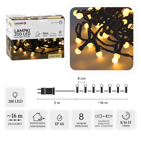 LAMPKI LED KULKI 200L CIEPŁY BIAŁY, DŁ. 3 + 16 M *0146