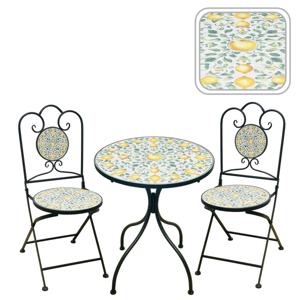 ZESTAW MEBLI OGRODOWYCH METALOWYCH MOZAIKA "LEMONIA" STÓŁ + 2 KRZESŁA