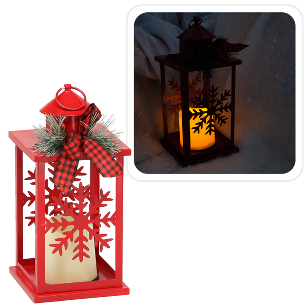 VÁNOČNÍ LAMPION 12,5 x 12,5 x 30,5 CM LED KOVOVÝ ČERVENÝ - SNEHOVÉ VLOŽKY *0863