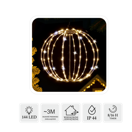 ŚWIĄTECZNA OZDOBA - KULA LED 40 CM 144L CIEPŁY BIAŁY + FLASH WEWN/ZEWN *1827
