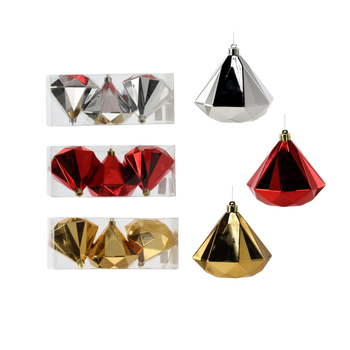 SET 3 BOLURI DE CRĂCIUN DIAMANT 10 CM ROȘU/AURIU/ARGINTIU *0195