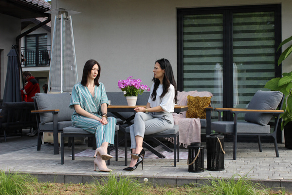 SET DE MOBILIER DE GRĂDINĂ DIN ALUMINIU ȘI TEAK (CANAPEA + 2 FOTOLII + MASĂ + 2 TABURETE) ANTRACIT + PERNE GRI *0428