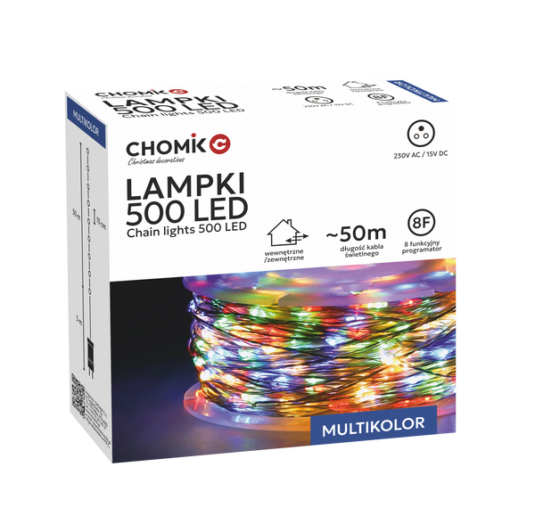LAMPKI LED DRUCIKI NA SZPULI 500L MULTIKOLOR, DŁ. 3 + 50 M *8547