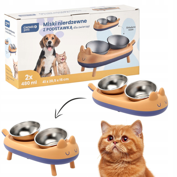 SET OF 2 STAINLESS STEEL BOWLS FOR DOG / CAT ON STAND 41 X 20.5 X 15 CM