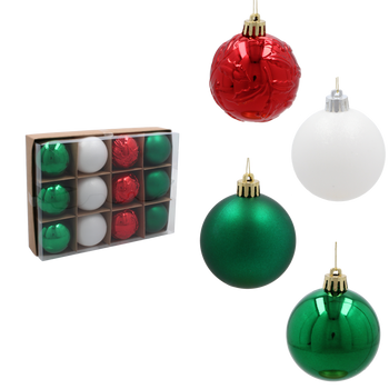 SET OF 12 BAUBLES 6 CM RED/GREEN/WHITE