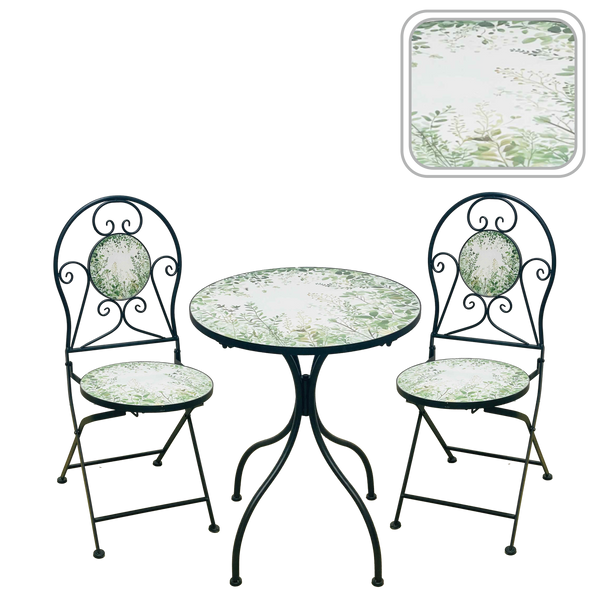 ZESTAW MEBLI OGRODOWYCH METALOWYCH MOZAIKA "FYLLA" STÓŁ + 2 KRZESŁA