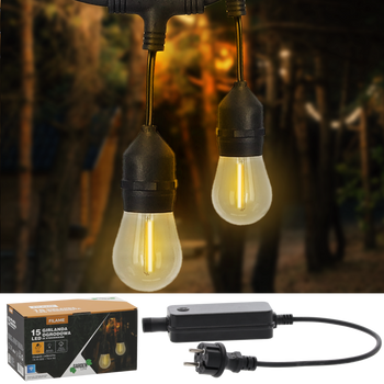 ZÁHRADNÁ GIRLANDA S OVLÁDACOM 12 V DĹŽKA 0,6 + 14,4 M FILAME 15 LED TEPLÁ BIELA S DRŽIAKMI *1267