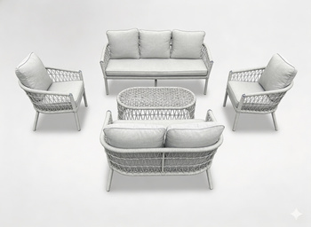 ZESTAW MEBLI OGRODOWYCH (2 SOFY + 2 FOTELE + STOLIK) SZARY + SZARE PODUSZKI