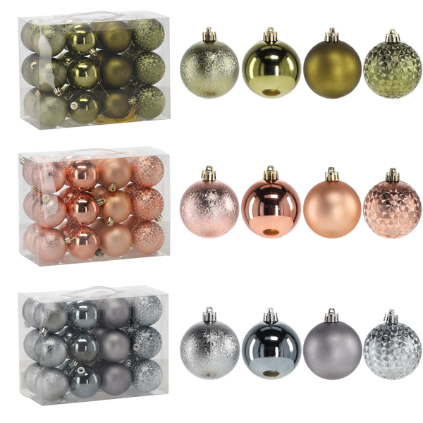 SET OF 24 BAUBLES 6 CM OLIVE/COPPER/GRAPHITE MIX DESIGNS