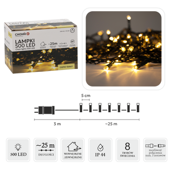 LAMPKI LED 500L CIEPŁY BIAŁY, DŁ. 3 + 25 M WEWN/ZEWN *9560