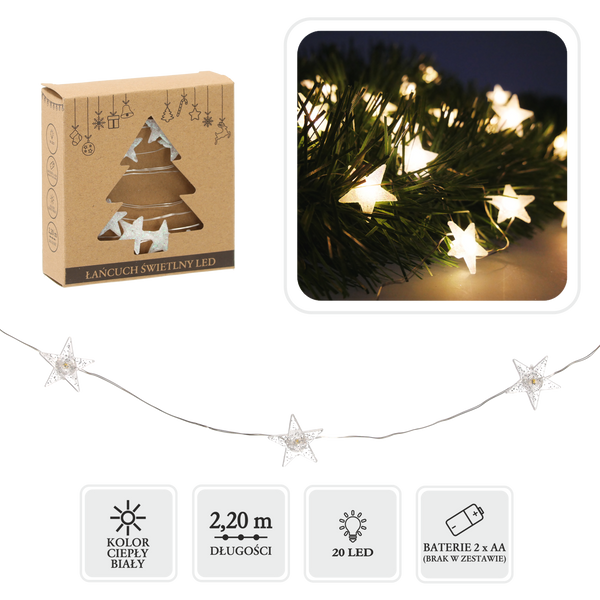 LED LIGHT CHAIN - STARS 20 L SILVER DECORATION BATTERY-POWERED